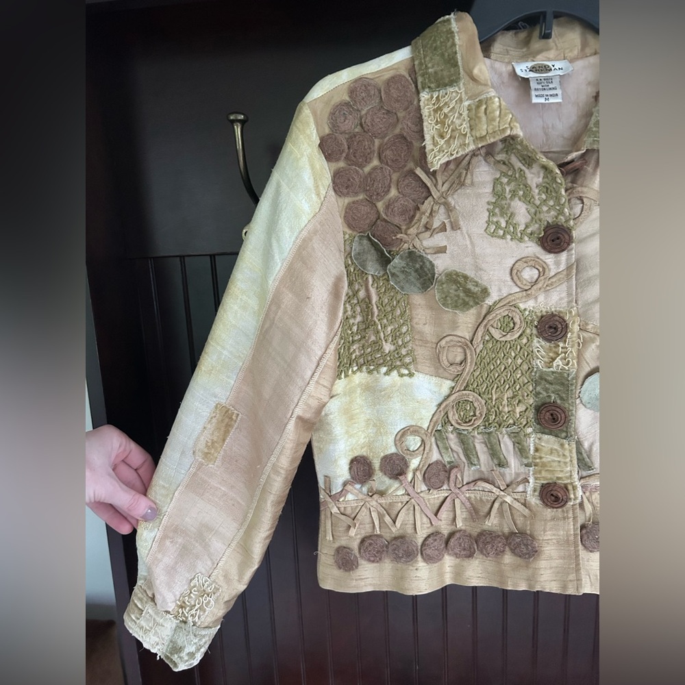 SANDY STARKMAN Silk Patchwork 3D Applique Jacket Art Wear Lagenlook Funky Size M - Picture 4 of 16